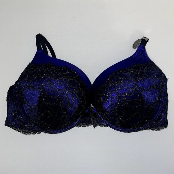 Victoria's Secret Other - Victoria's Secret Bra 38C Blue Black Lace Bombshell Plunge Padded 2 Cup Holiday